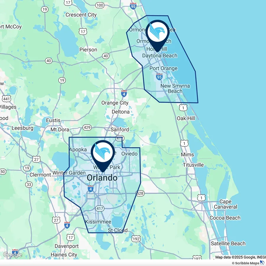 Falcon Commercial Pools Service Area Map Orlando, FL Daytona Beach, FL